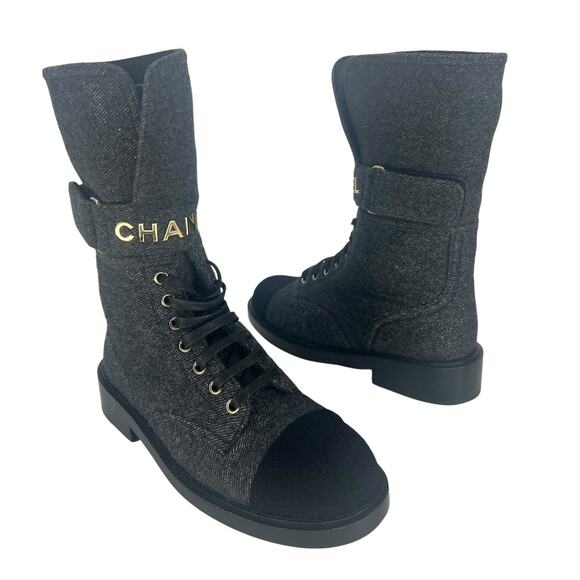 Chanel 2021 Interlocking CC Cap Toe Tweed Logo Combat Boots - Picture 4 of 16